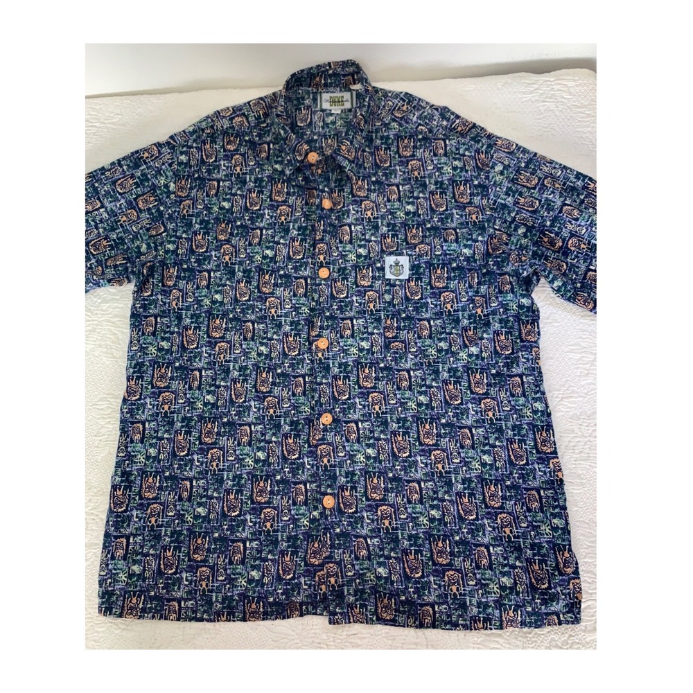 Vtg Duke Kahanamoku Mens Tiki Party Hawaiian Shirt Wood Buttons Blue Green Large